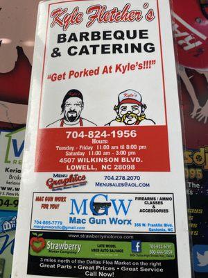 Front of Kyle fletcher menu