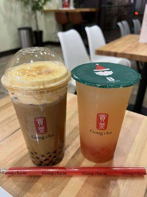 Brown Sugar Milk Tea w/ Creme Brulee foam and Peach Yogurt w/ Stawberry Popping Boba