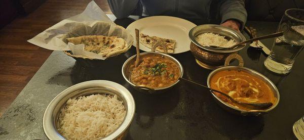 Rice, chicken tikka masala, chana masala, and mint naan.