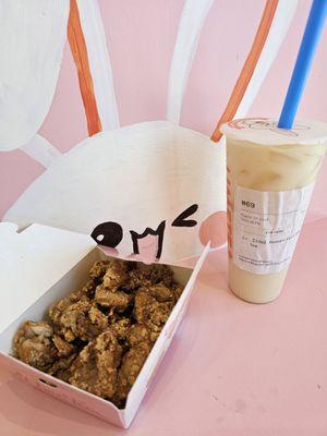 Popcorn chicken and Jasmine Floral Milk Tea