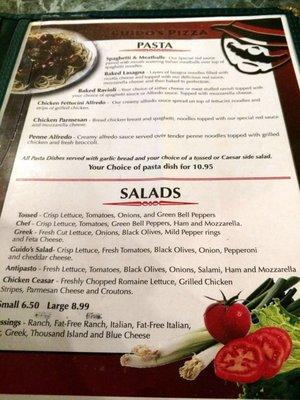 Pasta and salad menu