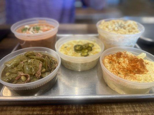 Sides - Green Beans, Borracho Beans, Jalapeno Creamed Corn, Deviled Egg Potato Salad and Mac & Threso