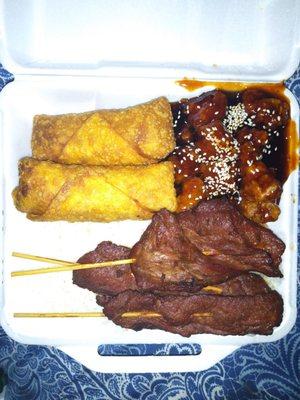 Sesame Chicken, Teriyaki Beef, Pork Egg Rolls, Pork Fried Rice.