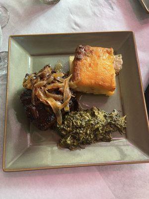 Beef short ribs with creamed spinach and au gratin potatoes