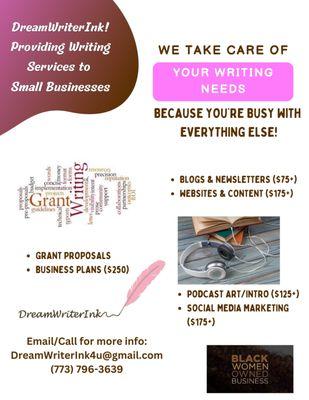 We provide writing and marketing needsto Small Businesses.