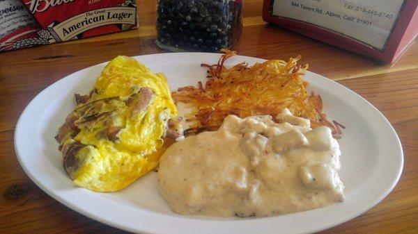 Bacon Omelette, Biscuits & Gravy, & Hash Browns