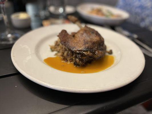 Muscovy Duck Leg Confit with Dirty Rice and Citrus Gastrique