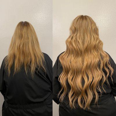 She likes long, wispy ends. Beaded row extensions are safe for women with fine, fragile hair. I gave her two rows for lots of length.