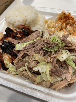 Char Chicken, kalua pork with cabbage, mac salad, and rice