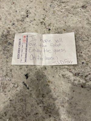 A very kind note from our fantastic server.