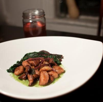 Two Beet Gnocchi with Sage Butter, Beet Greens and Mitakes