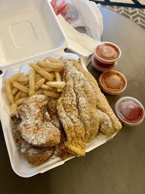 Catfish Fillet, Chicken Tenders, Fries