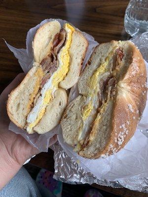 Salt bagel with 2 egg 2 Eggs, Cheese and Bacon Breakfast