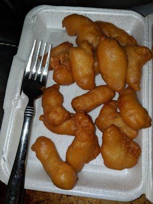 "chicken fingers" as big as my fork tip and sliced so thin and short, hardly has chicken in them.