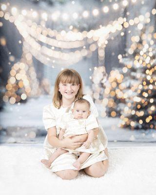 Winter Christmas outdoor forest white snowland background with sisters {7 & 2months}