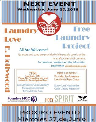 Come on Wednesday, 6/27/18 starting at 7pm. Wash and dry for free!