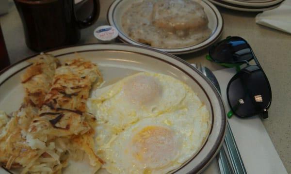 Biscuit & gravy, eggs, & hash browns. 'Murican breakfast!