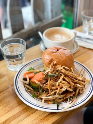 Corner burger with shoe string fries. Yum!