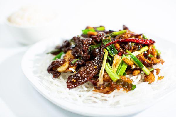 Crispy Rice Noodle with Beef on top.  Aka Mongolian Beef.  Fresh and made to order.