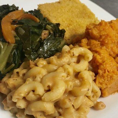 Organic Vegan Soul Food Plate with Collard Greens, Mac and Cheese, Sweet Potato Mash, and Corn Bread. All Gluten Free!