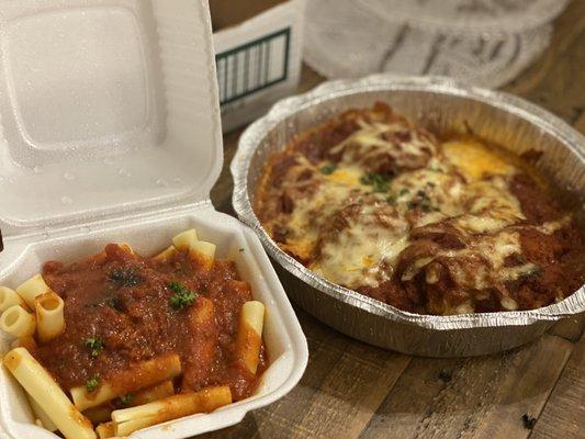 Shrimp parmigiana with a side of ziti.