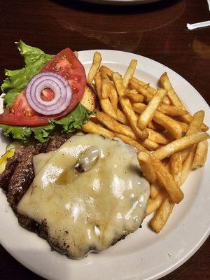 Williams burger with Swiss cheese and a side of fries.