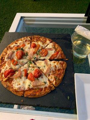 Cauliflower Pizza, sliders, Chardonnay, rooftop view