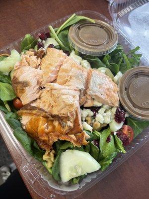 Grilled salmon w/Spinach Arugula Salad dried cranberries, walnuts, cucumbers, tomatoes & gorgonzola, balsamic.