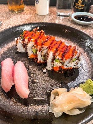 Yellowtail sashimi and spider roll (with masago added)