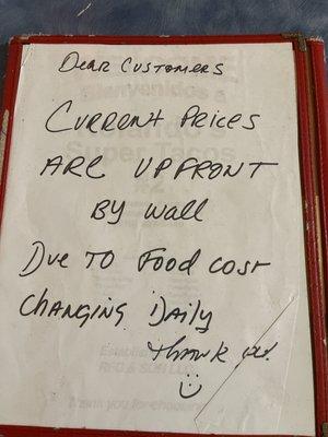 Notice of price change do too Covid .