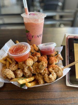 Popcorn Chicken, Smoothie, fries