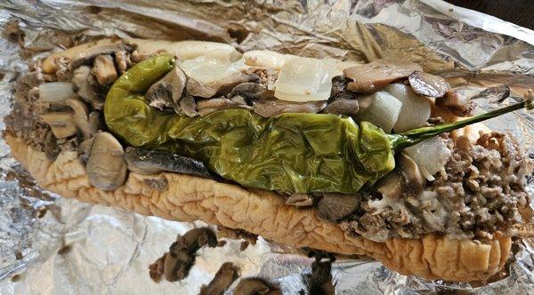 Mushroom Steak with Provolone, American, Grilled Onions and a Long Hot