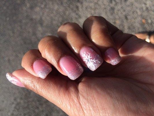 Pink Xmas glitter snowflake nails by the one and only Ryan.  always looking on point