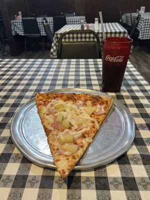 Canadian bacon and pineapple slice with drink. $9.88