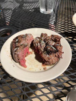 A Filet-ish that was ordered medium well and came out rare in the middle - cold center.