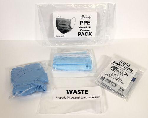 The Grab & Go Packs are available in a variety of assemblies containing masks, gloves, sanitizer wipes, and a waste bag.