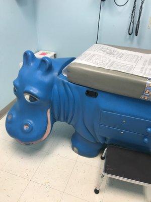 Hippo exam table with coloring paper cover. Definitely with little children in mind.