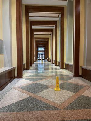 Hallway to the library; the west entrance is in the distance.