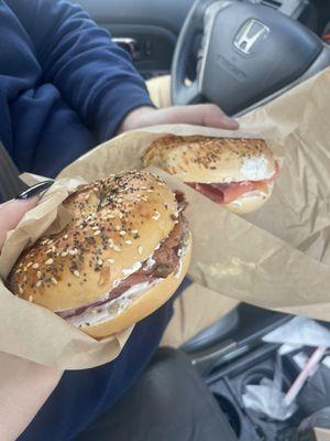 Everything Bagel with Pastrami Nova Salmon (front) and a garlic Bagel with Salty Lox (back)