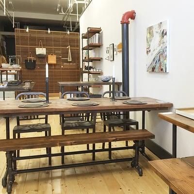 Lots of cool reclaimed tables, benches, shelving and locally made accessories.