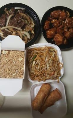 Mongolian Beef, Fried Rice, Orange Chicken and Lo Mein...oh and free egg rolls because we spent $20.