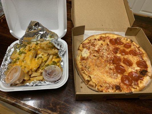 Cheese fries and pizza! Yum!