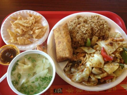 Schezuan Chicken with Wonton Soup & Egg rolls with some crackers and hot chilli sauce.