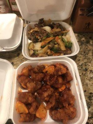 Hunan beef and orange chicken