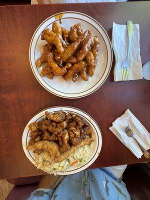 Spicy mandarin chicken on top (came with a side of white rice) and general tsao chicken on bottom (dinner combo)