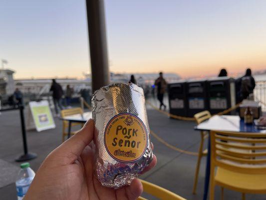 Half cut of my Señor Sisig Burrito at Señor Sisig in San Francisco's Ferry Building.