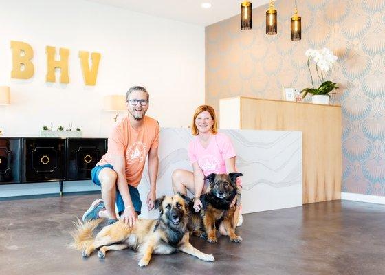 Owners, Jeremy and Lisa Jones with their rescue dogs Zuppa and Banjo.