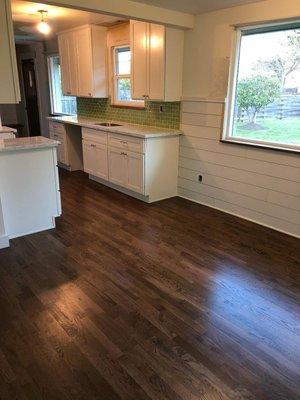 May 2018 Remodel - installed all cabinets, tile, shiplap & spliced new into existing floors mixed red & white oak with stain