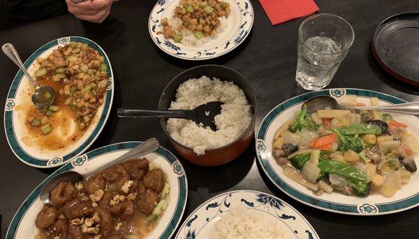 Honey walnut shrimp , veggies in a light sauce, Kung pao chicken