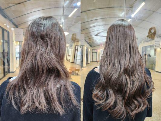 Feather extension before and after